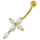 Jeweled 14K Gold Cross Banana Bar Navel Ring