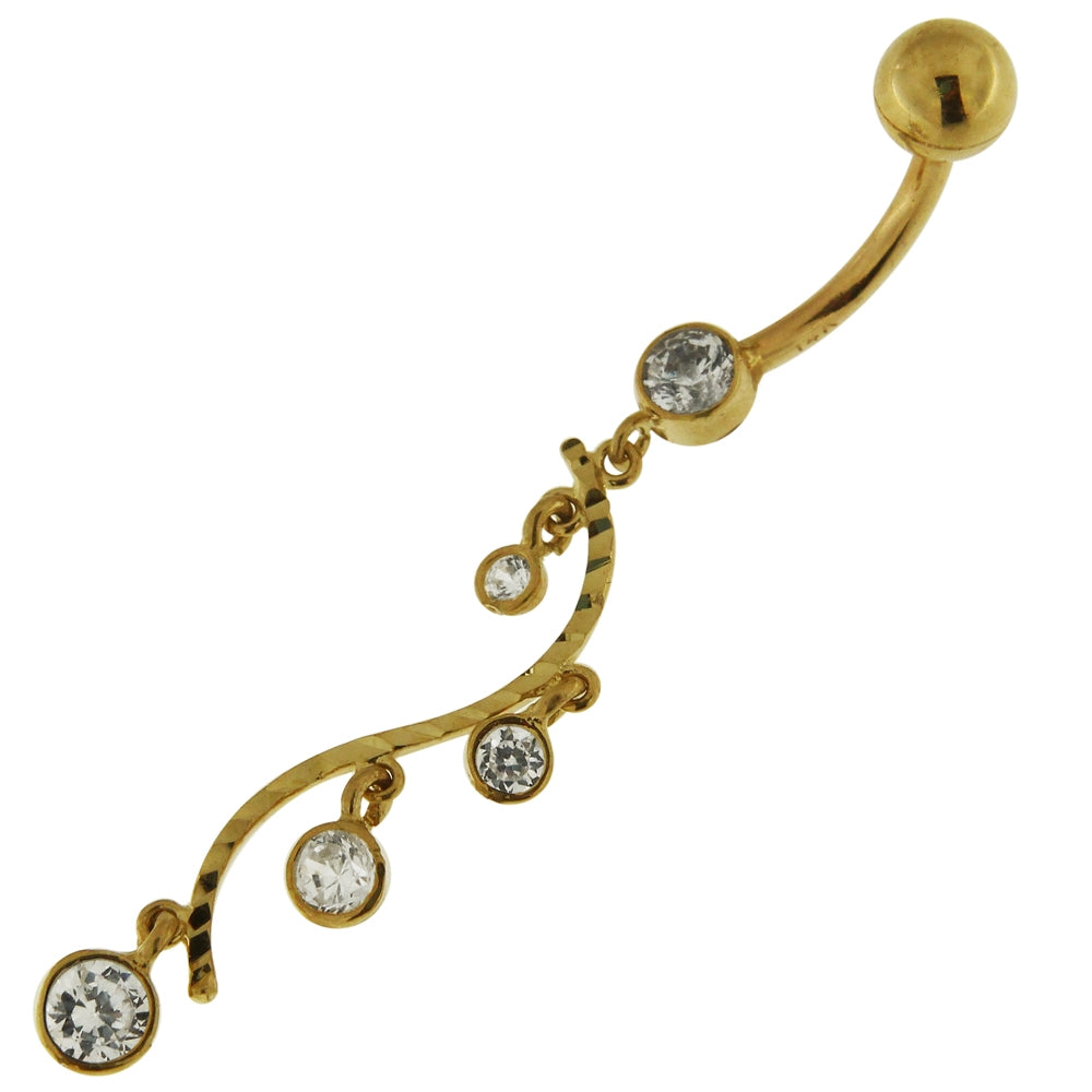 Dangling Jeweled Floral 14K Solid Yellow Gold Navel Belly Button Ring