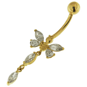 14K Solid Yellow Gold Jeweled Butterfly Dangling Navel Belly Button Ring