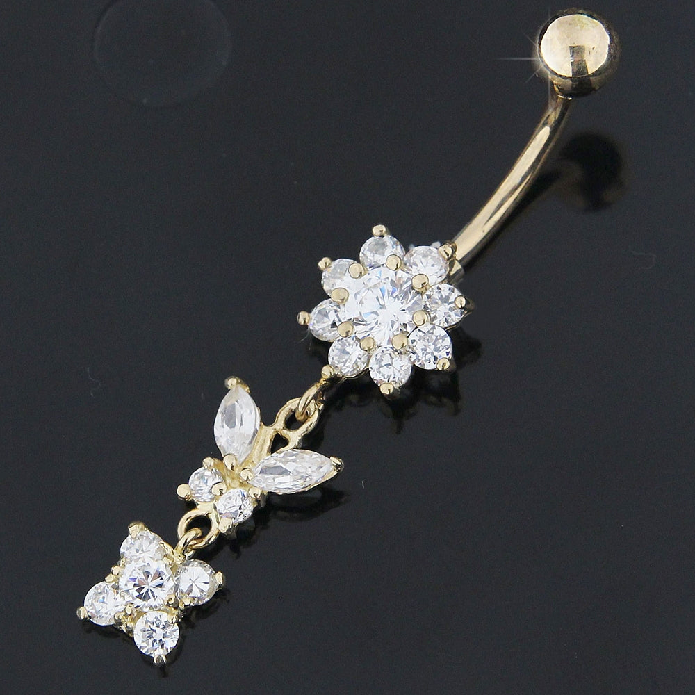 14K Solid Yellow Gold Dangling Flower with butterfly Belly Button Ring