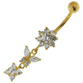 14K Solid Yellow Gold Dangling Flower with butterfly Belly Button Ring