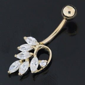 14K Solid Yellow Gold Jeweled Leaf Navel Belly Button Ring