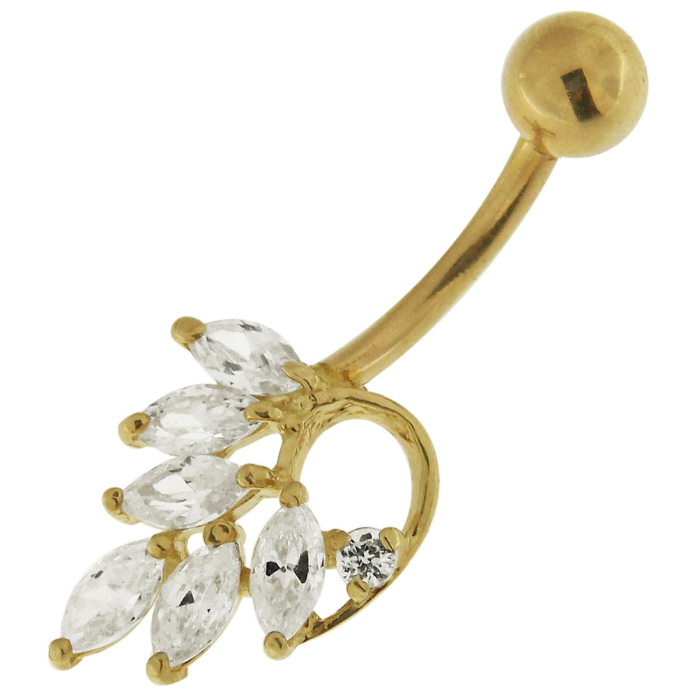 14K Solid Yellow Gold Jeweled Leaf Navel Belly Button Ring