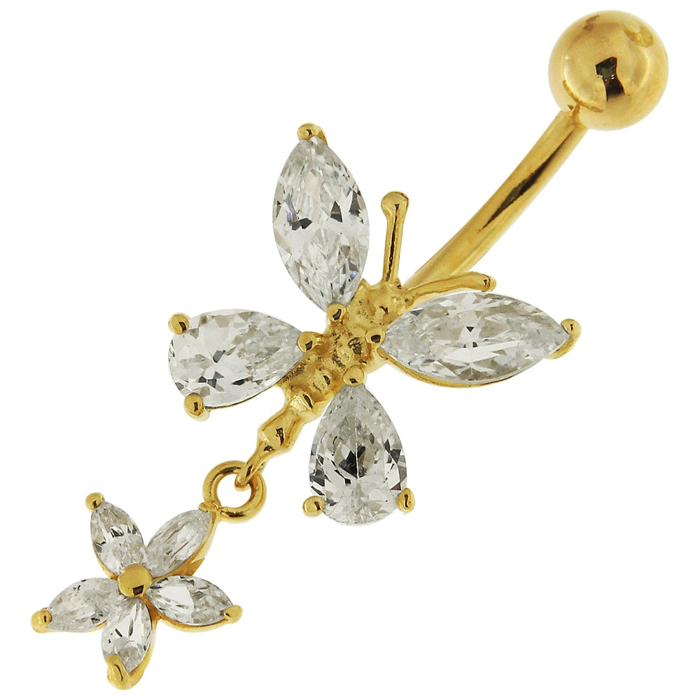 Dangling Jeweled Butterfly 14K Gold Belly Ring