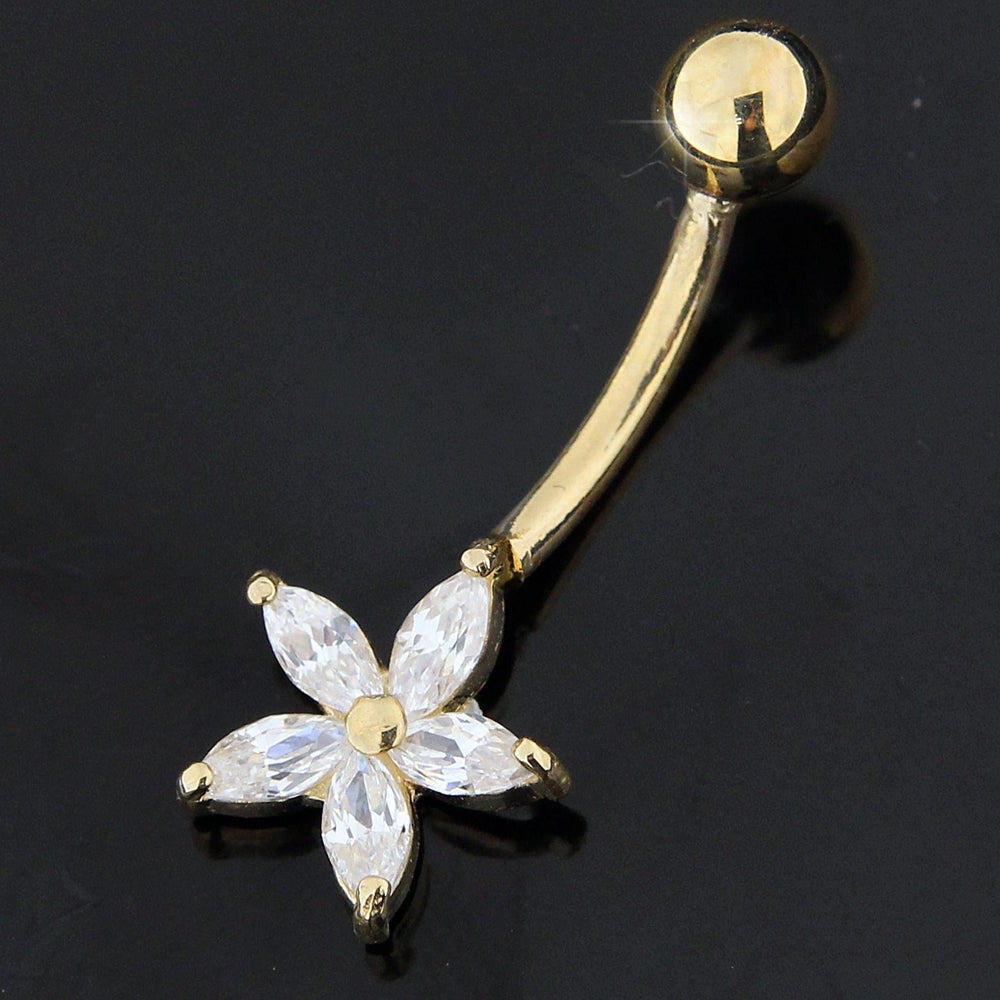 Flower With CZ 14K Moving Gold Belly Ring