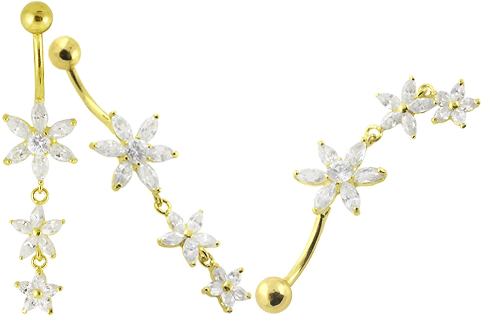Multi Flower Dangling Jeweled 14K Gold Navel Ring