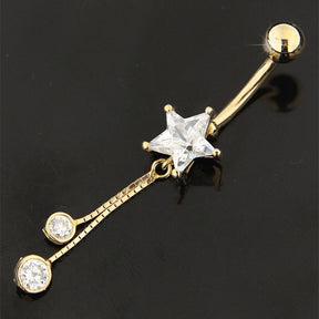 14K Gold Star Shaped Jeweled Dangling Belly Ring