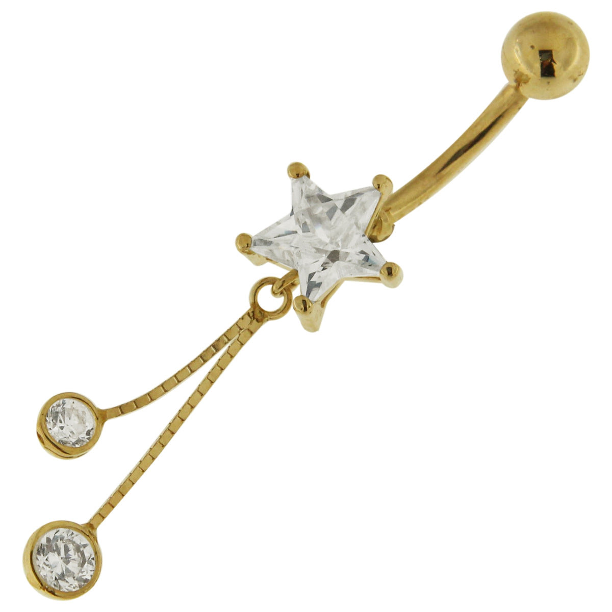 14K Gold Star Shaped Jeweled Dangling Belly Ring