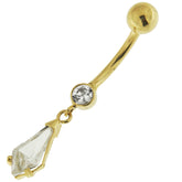 14K Solid Yellow Gold Banana Dangling Pear Jeweled Belly Bar