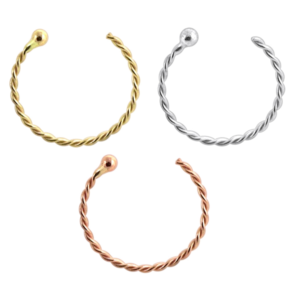 14K Gold Twister Open Hoop with Ball Nose Ring