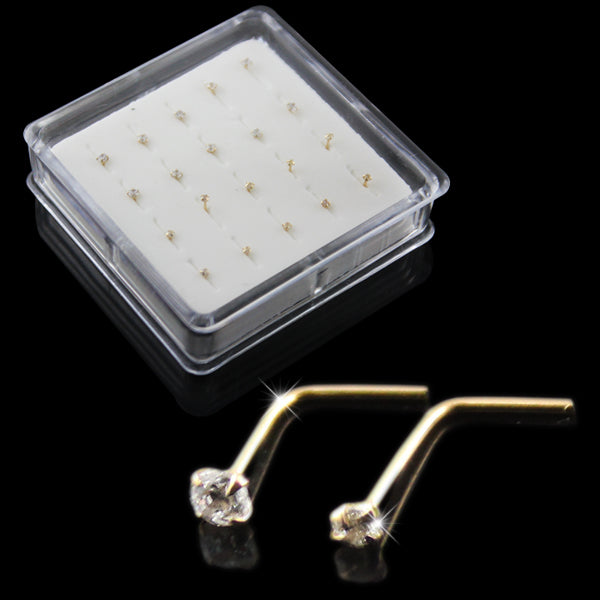 14K Solid Gold L-Shape Round Crystals Nose Pins in Mini Box