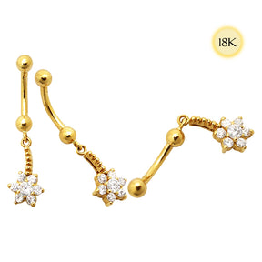 18K Gold Flower Dangling Belly Ring With Stones