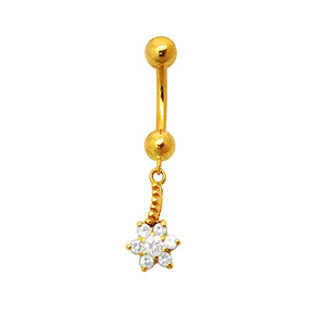 18K Gold Flower Dangling Belly Ring With Stones