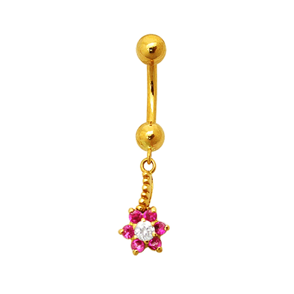 18K Gold Jeweled Flower Dangling Navel Ring