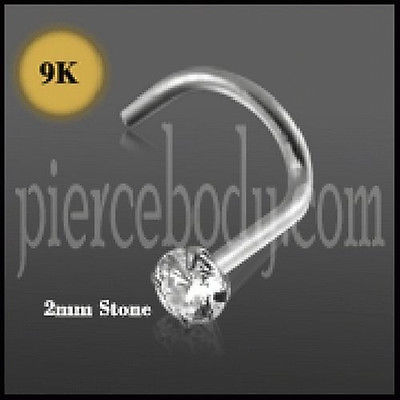 1pc. 9K White Gold 2mm Jeweled Nose Screw Free Shipping