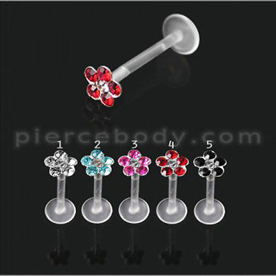 5pcs.BioFlex Madonna Chin Labret with Flower Jeweled Top Free Shipping