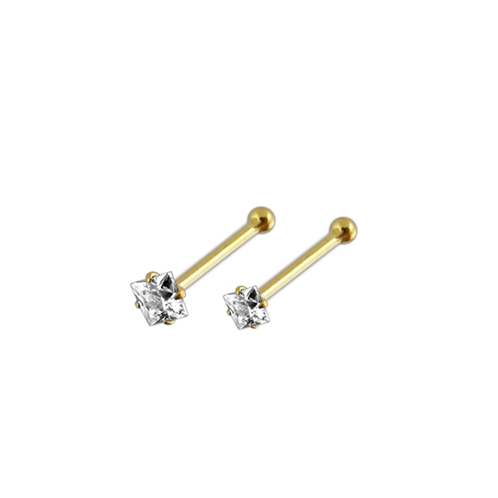 9K Solid Yellow Gold Nose Bone Stud with Square CZ in Box