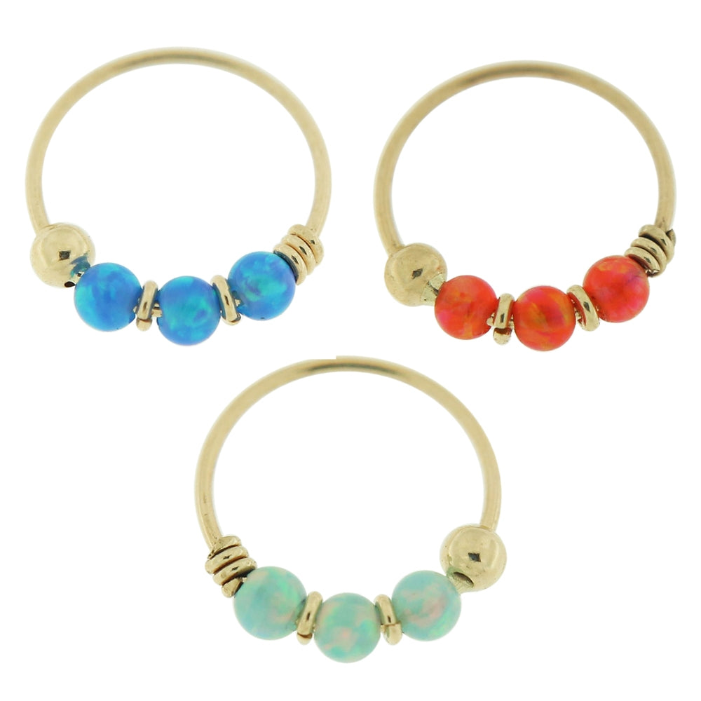 3 pieces 9K Yellow Gold Opal Stones Hoop Nose Ring in Box