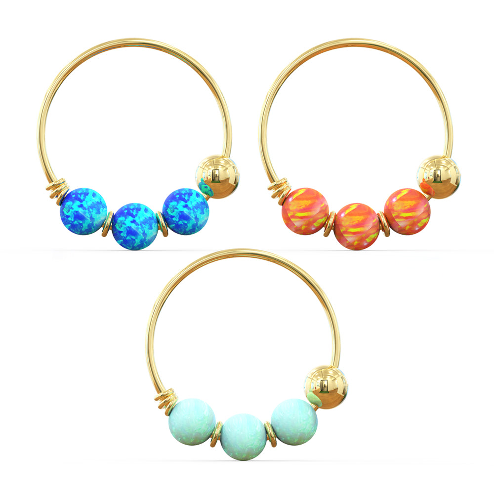 3 pieces 9K Yellow Gold Opal Stones Hoop Nose Ring in Box