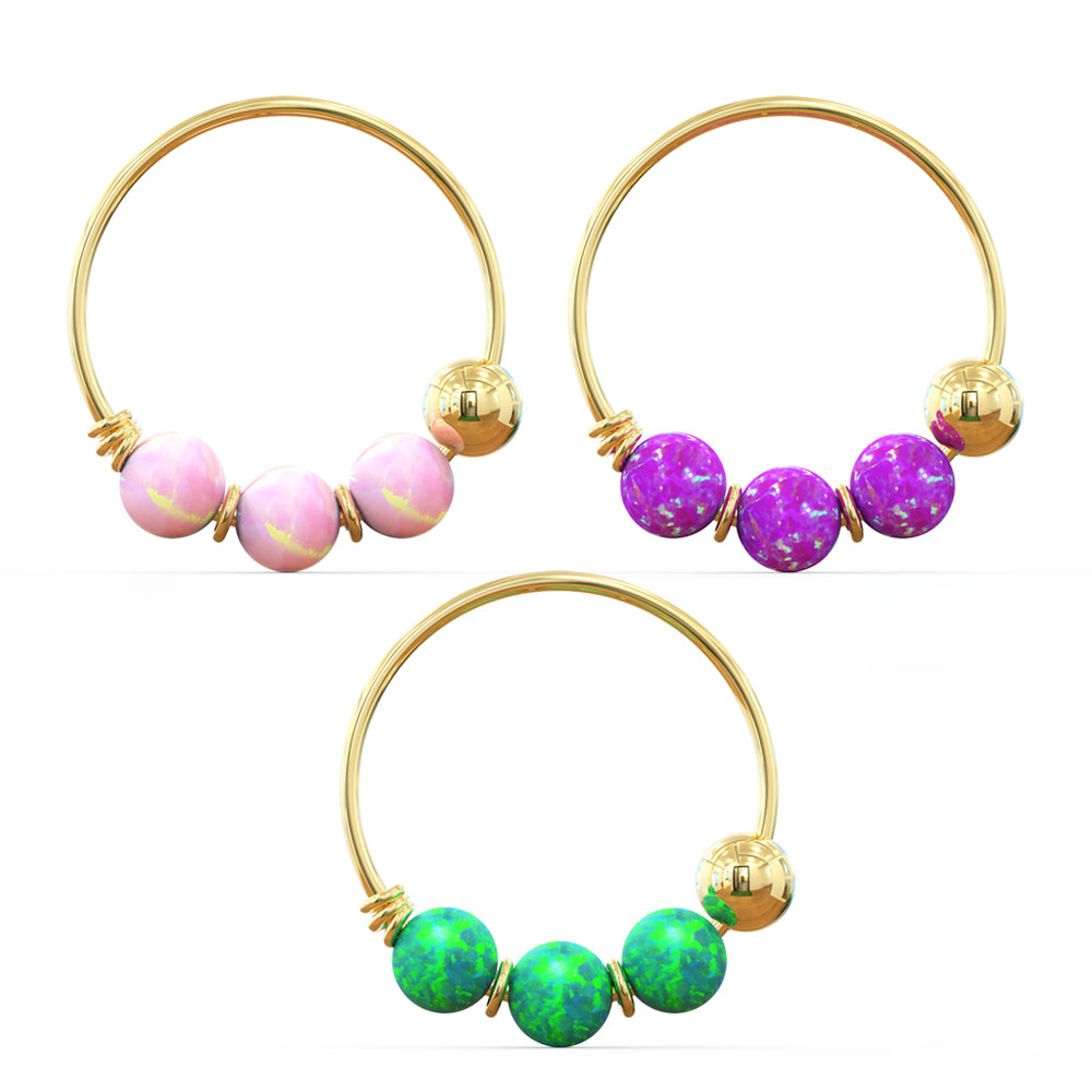 9K Yellow Gold Opal Stones Hoop Nose Ring 3 pieces in Box
