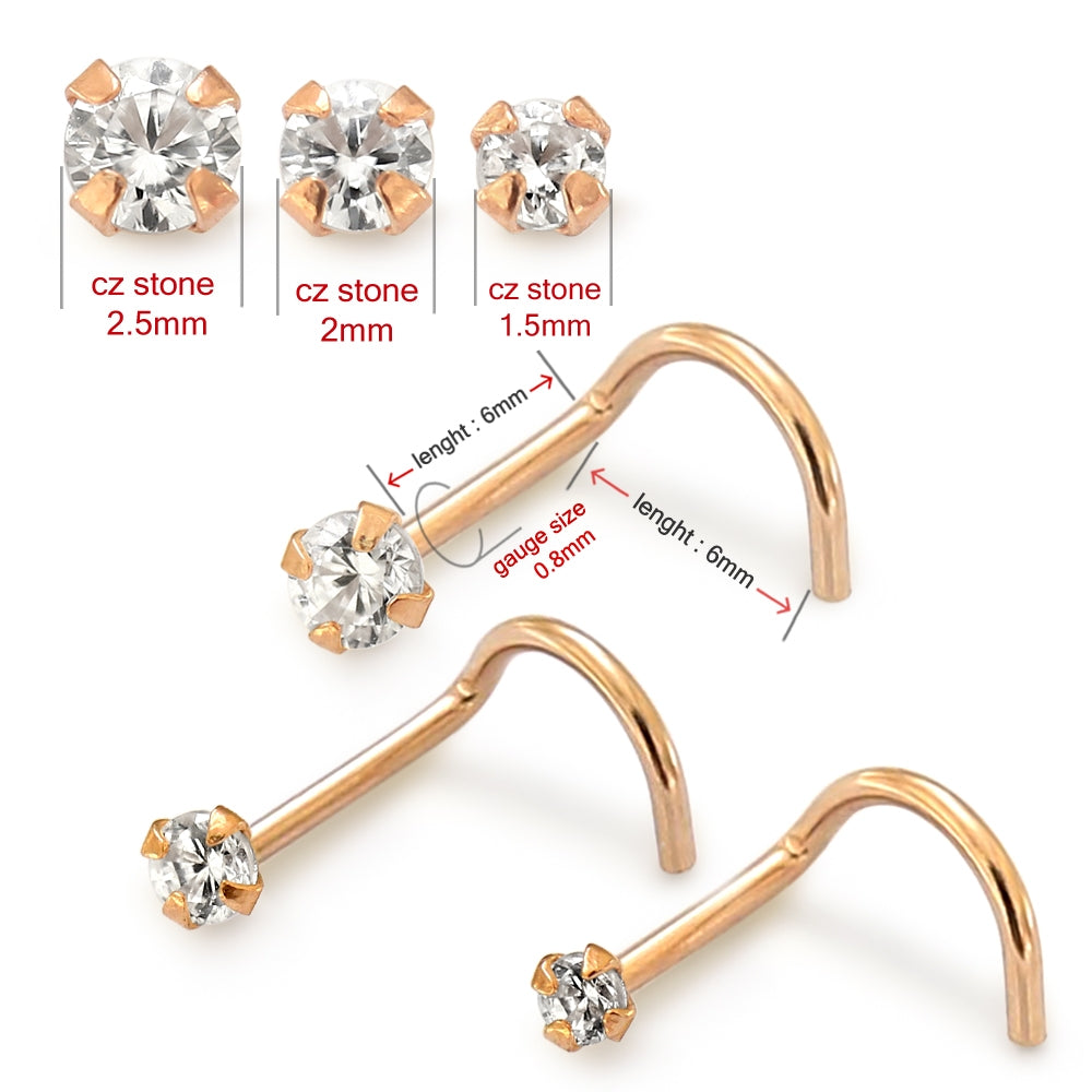 9K Solid Rose Gold Round CZ Jeweled Nose Screw in Box