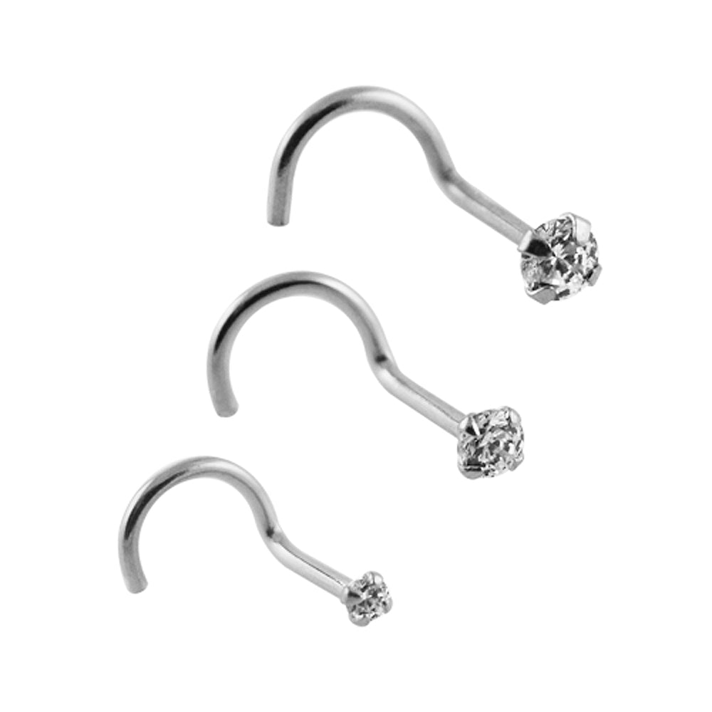 9K Solid White Gold Round CZ Jeweled Nose Screw in Box