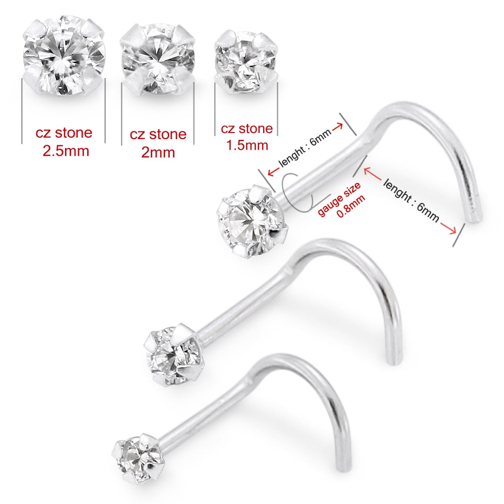9K Solid White Gold Round CZ Jeweled Nose Screw in Box