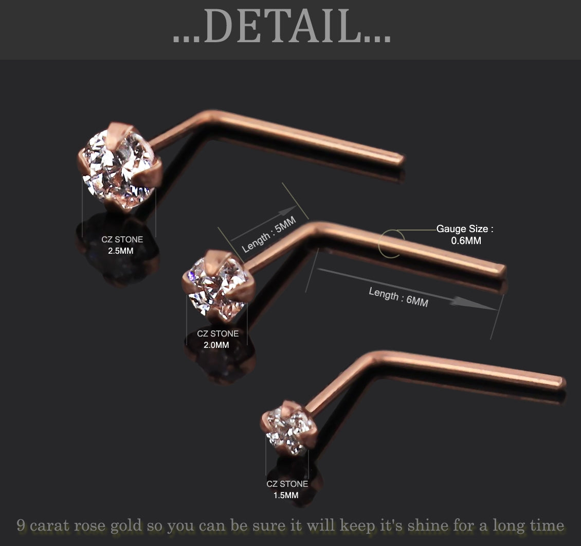 9K Solid Rose Gold L-Shaped Jeweled Nose Stud in Box