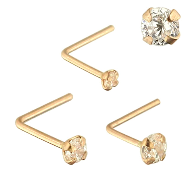 9K Solid Rose Gold L-Shaped Jeweled Nose Stud in Box
