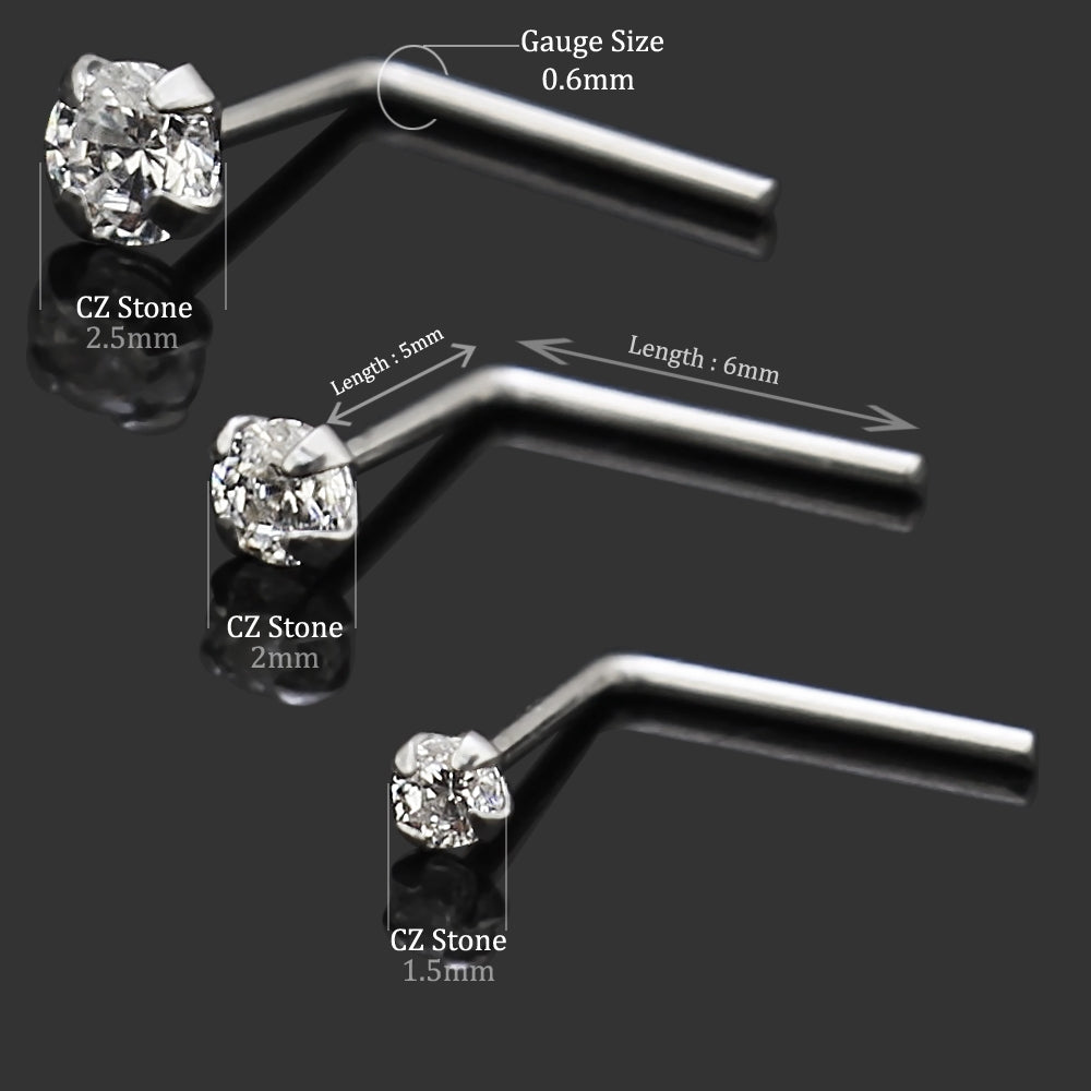 9K Solid White Gold L-Shaped Jeweled Nose Stud in Box