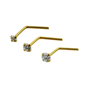 9K Solid Yellow Gold L-Shaped Jeweled Nose Stud in Box