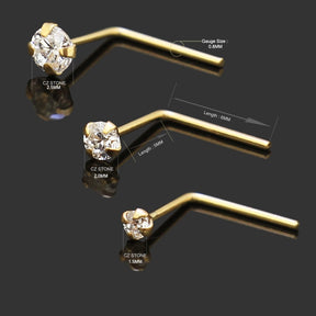 9K Solid Yellow Gold L-Shaped Jeweled Nose Stud in Box