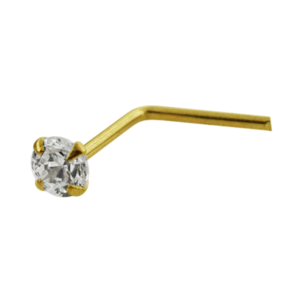 9K Solid Yellow Gold L-Shaped Jeweled Nose Stud in Box