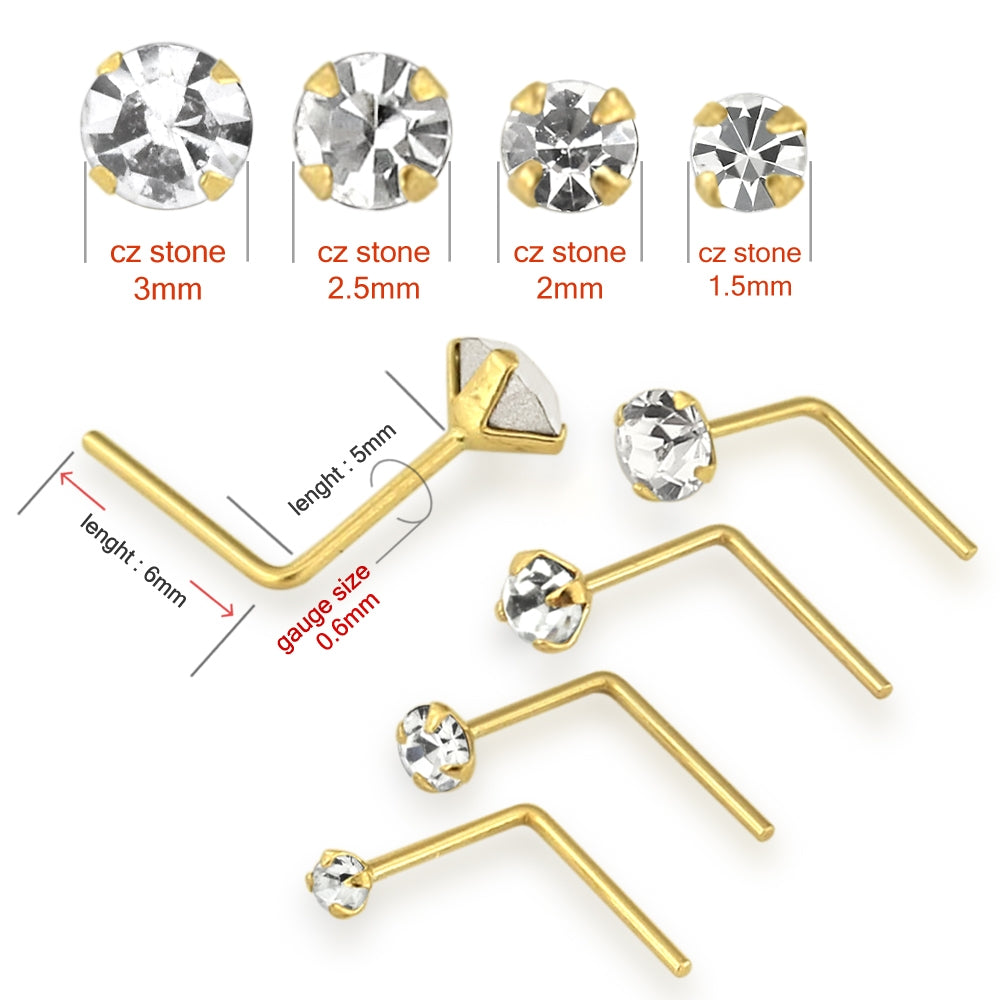 9K Solid Yellow  Gold L-Shaped Genuine Crystal Nose Stud in Box