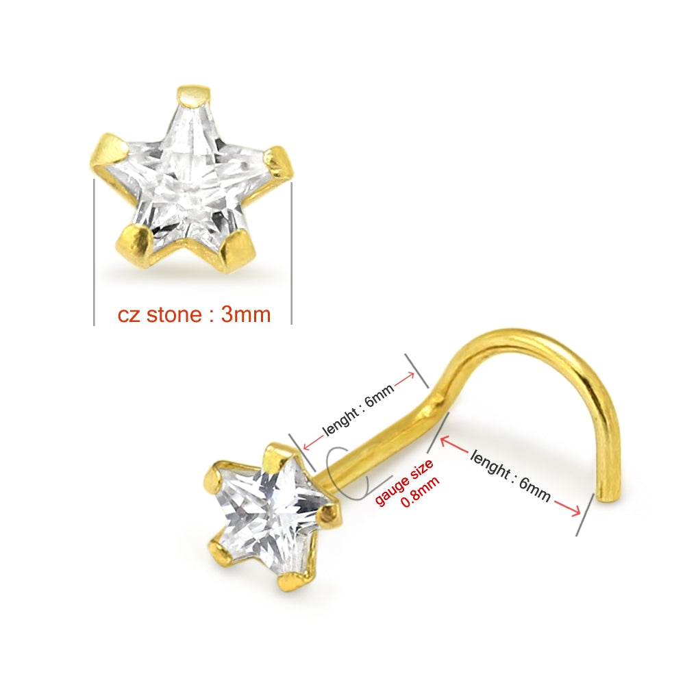 9K Solid Yellow Gold 3mm Star CZ Nose Screw