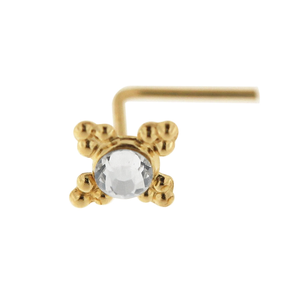 9K yellow Gold Jeweled L-Shape Nose Stud with Tribal Dots