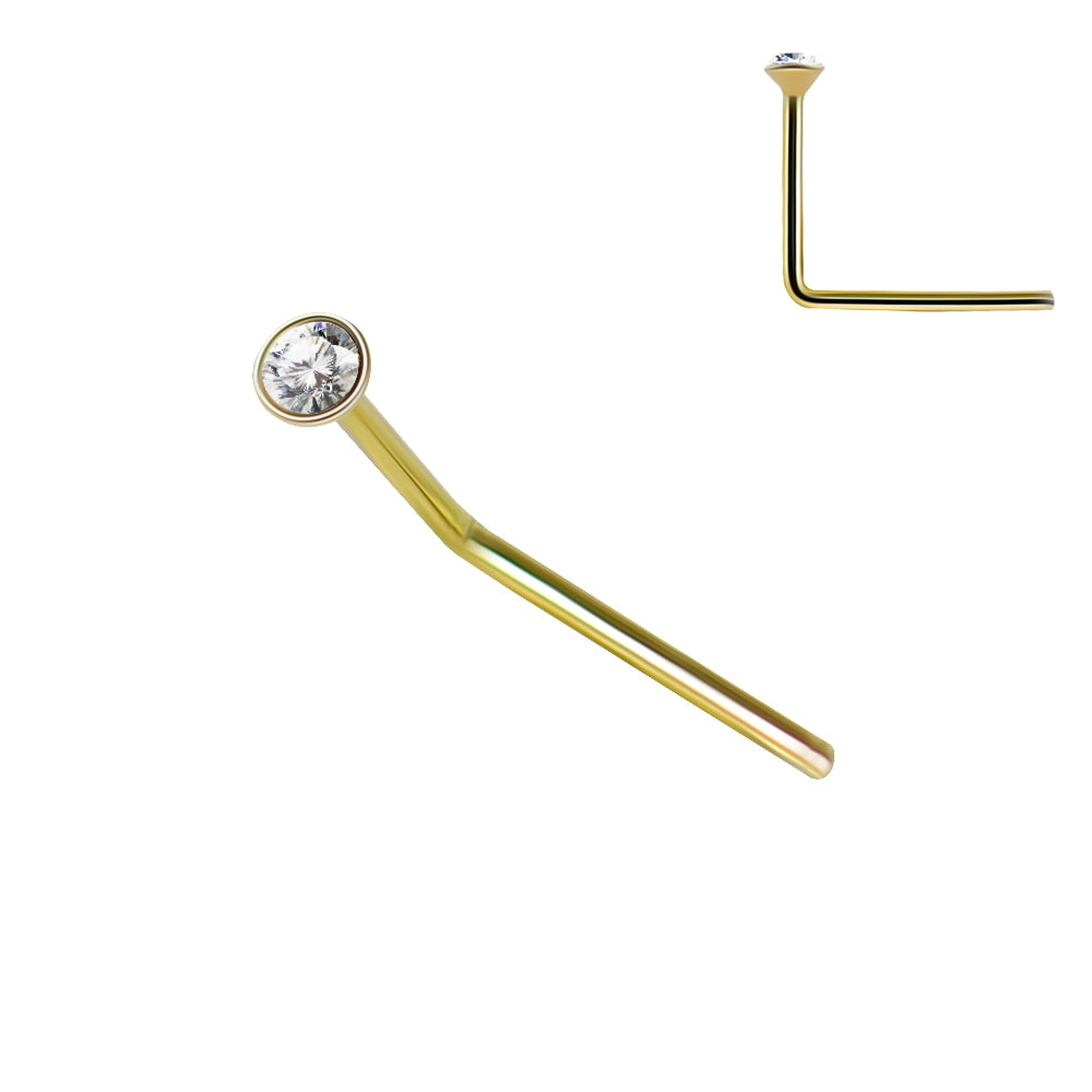 9K Solid Yellow Gold 22G Round CZ Jeweled L-Shape Nose Stud