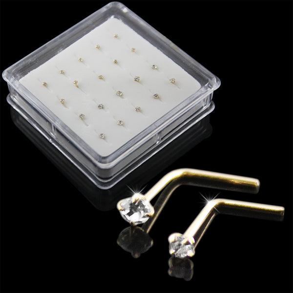 9K Solid Gold L-Shape Round Crystals Nose Pins in Mini Box