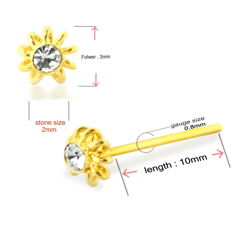 9K Gold Jeweled Coil Flower Straight Nose Stud