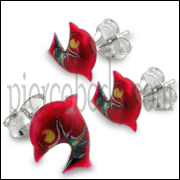 Hand Painted Red Dolphin Silver  Ear Stud