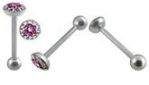 Tongue Barbell With Pink And White Epoxy Covered Crystals