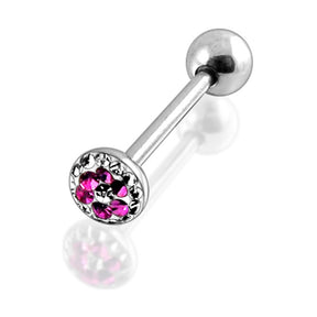 Tongue Barbell With Pink And White Epoxy Covered Crystals