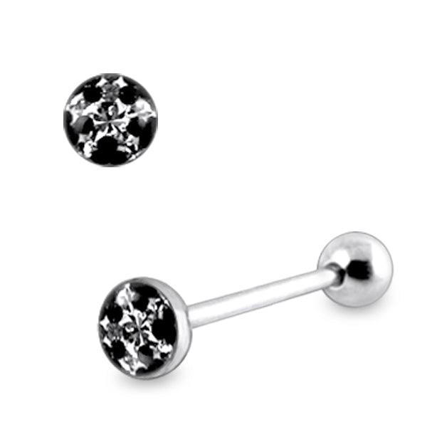 Tongue Barbell With Black Epoxy Covered Crystals