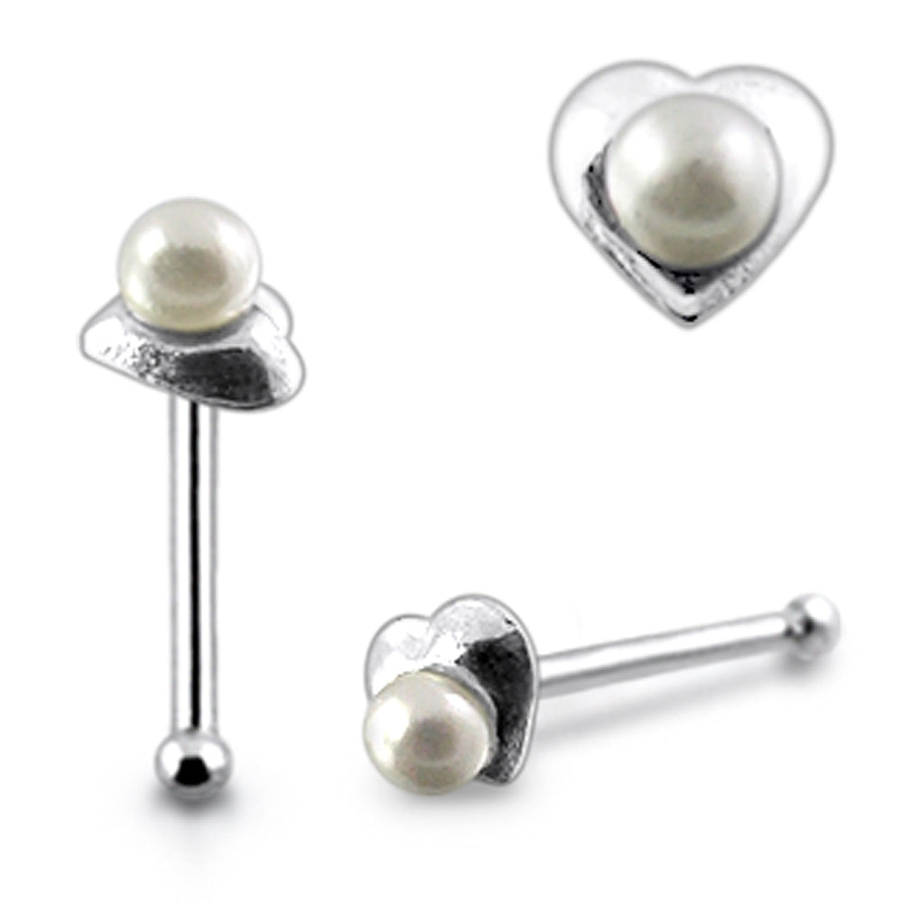 Heart with Pearl Ball End Nose Pin