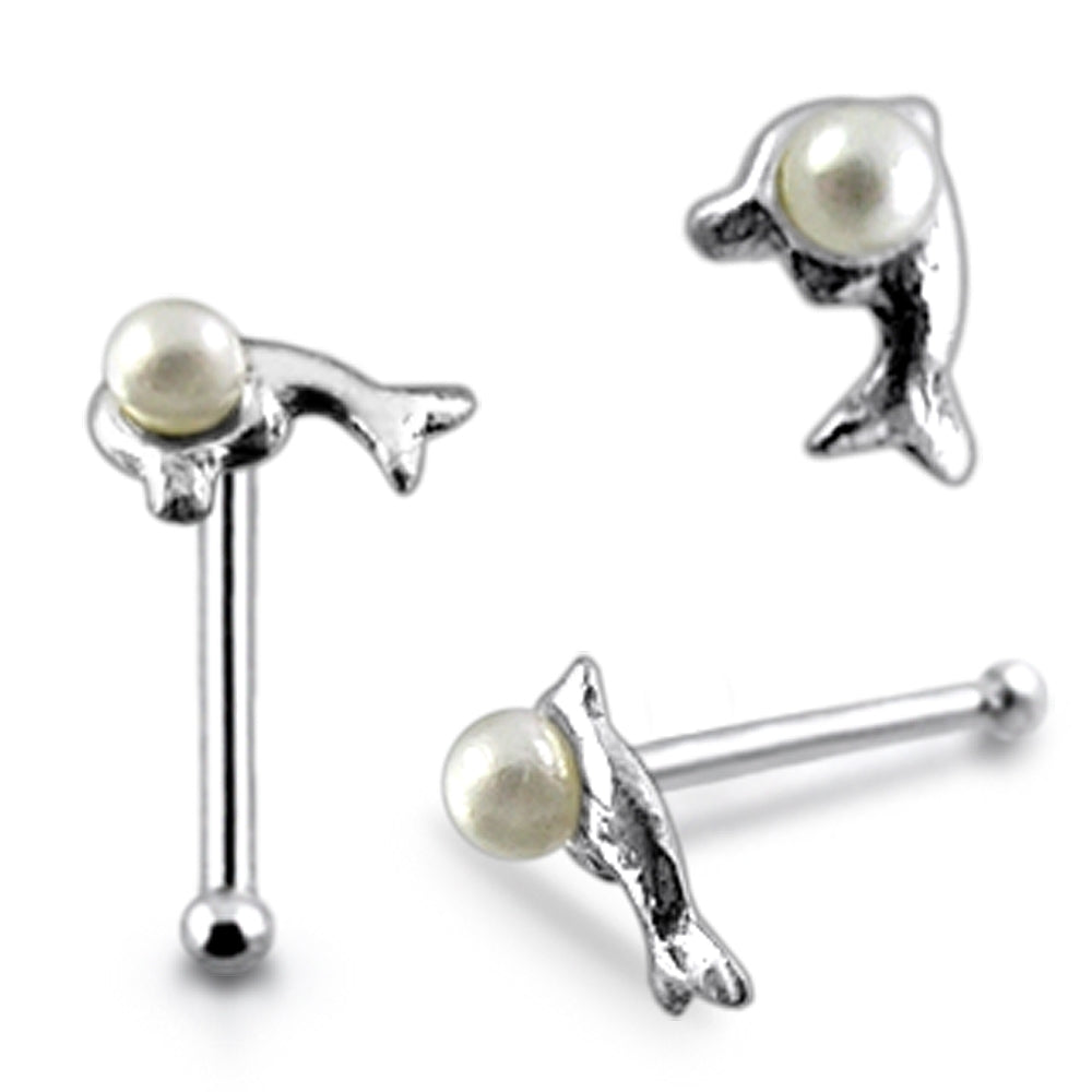 Dolphin with Pearl Ball End Nose Pin