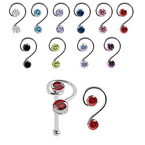 925 Sterling Silver Double Jeweled Curly Design Nose Bone Stud in Box