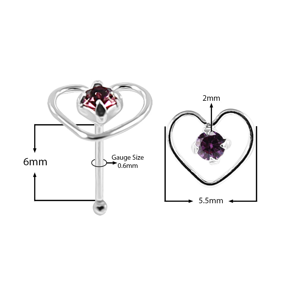 925 Sterling Silver Jeweled Heart Design Nose Bone Stud in Box