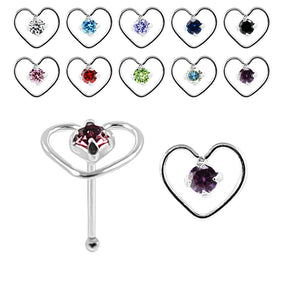 925 Sterling Silver Jeweled Heart Design Nose Bone Stud in Box