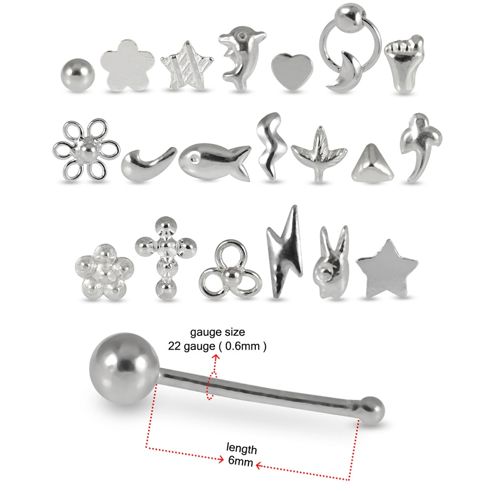 20 Mixed Designs 925 Sterling Silver Nose Studs in Box