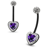 Multi Crystals jeweled Purple Heart center Black BioFlex with Crystal Ferido Ball Top pregnancy Belly Ring